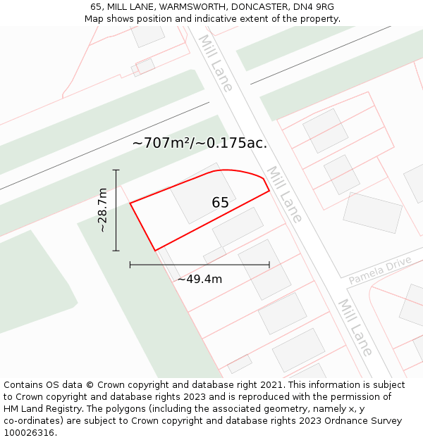 65, MILL LANE, WARMSWORTH, DONCASTER, DN4 9RG: Plot and title map