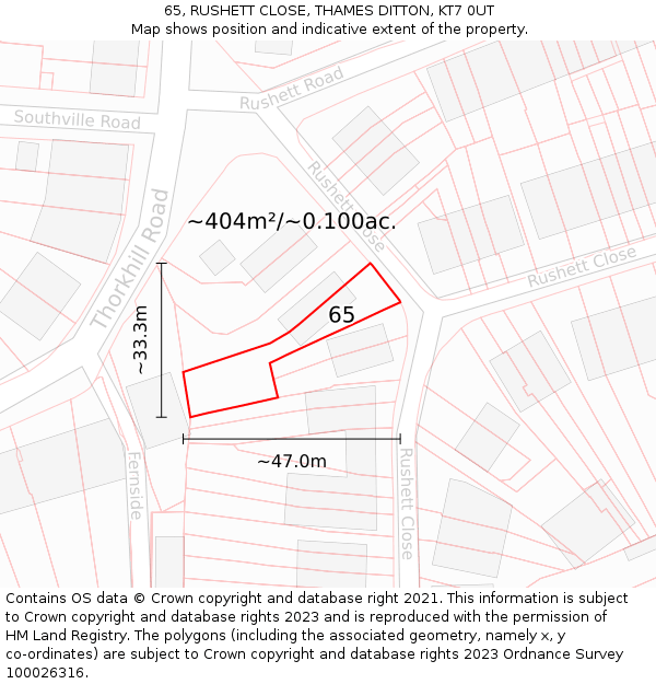 65, RUSHETT CLOSE, THAMES DITTON, KT7 0UT: Plot and title map