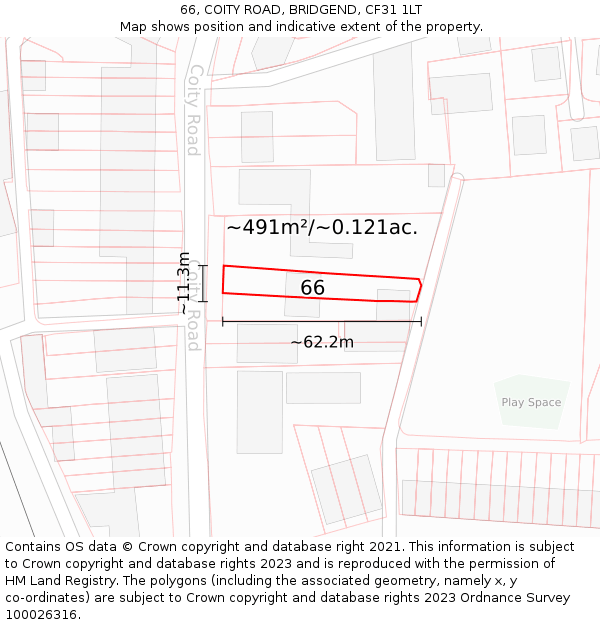 66, COITY ROAD, BRIDGEND, CF31 1LT: Plot and title map