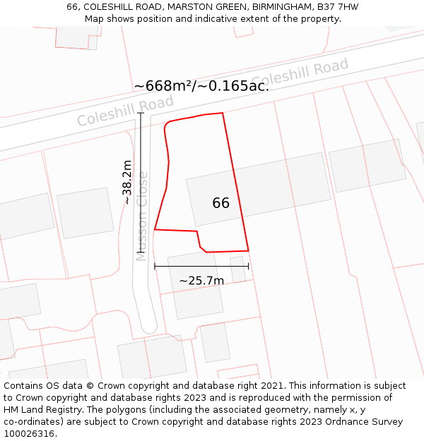66, COLESHILL ROAD, MARSTON GREEN, BIRMINGHAM, B37 7HW: Plot and title map