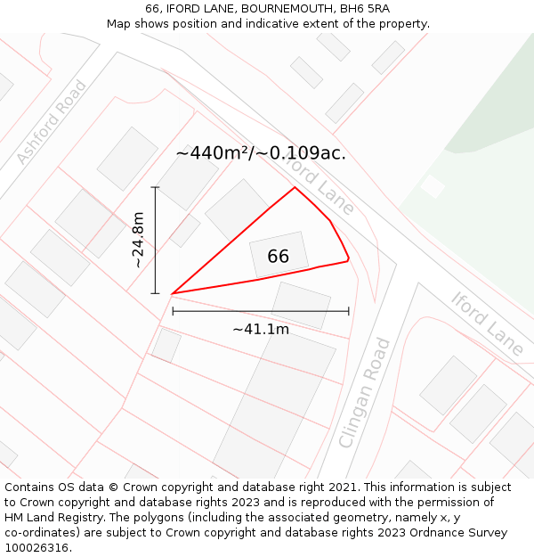 66, IFORD LANE, BOURNEMOUTH, BH6 5RA: Plot and title map