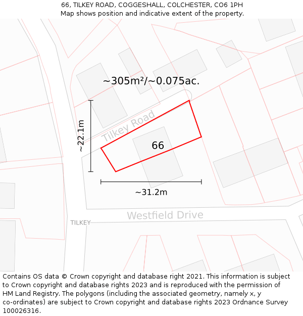 66, TILKEY ROAD, COGGESHALL, COLCHESTER, CO6 1PH: Plot and title map