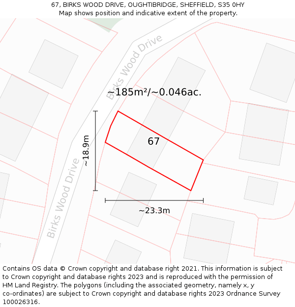 67, BIRKS WOOD DRIVE, OUGHTIBRIDGE, SHEFFIELD, S35 0HY: Plot and title map