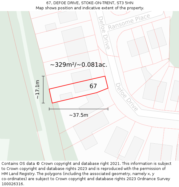 67, DEFOE DRIVE, STOKE-ON-TRENT, ST3 5HN: Plot and title map