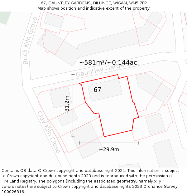 67, GAUNTLEY GARDENS, BILLINGE, WIGAN, WN5 7FP: Plot and title map