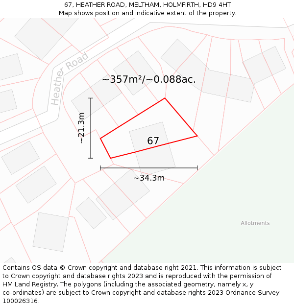67, HEATHER ROAD, MELTHAM, HOLMFIRTH, HD9 4HT: Plot and title map