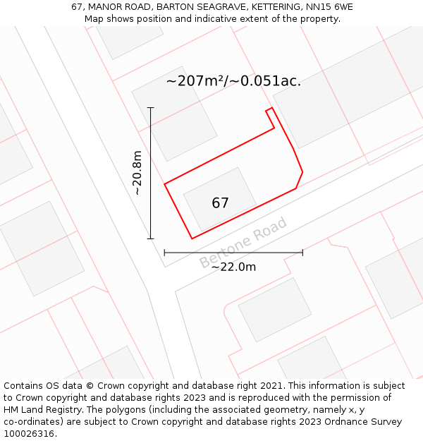 67, MANOR ROAD, BARTON SEAGRAVE, KETTERING, NN15 6WE: Plot and title map