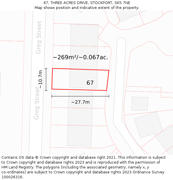 67, THREE ACRES DRIVE, STOCKPORT, SK5 7NE: Plot and title map