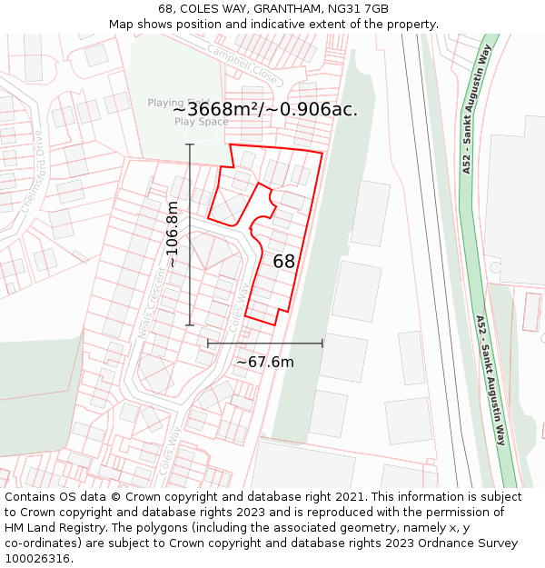 68, COLES WAY, GRANTHAM, NG31 7GB: Plot and title map