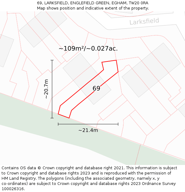 69, LARKSFIELD, ENGLEFIELD GREEN, EGHAM, TW20 0RA: Plot and title map