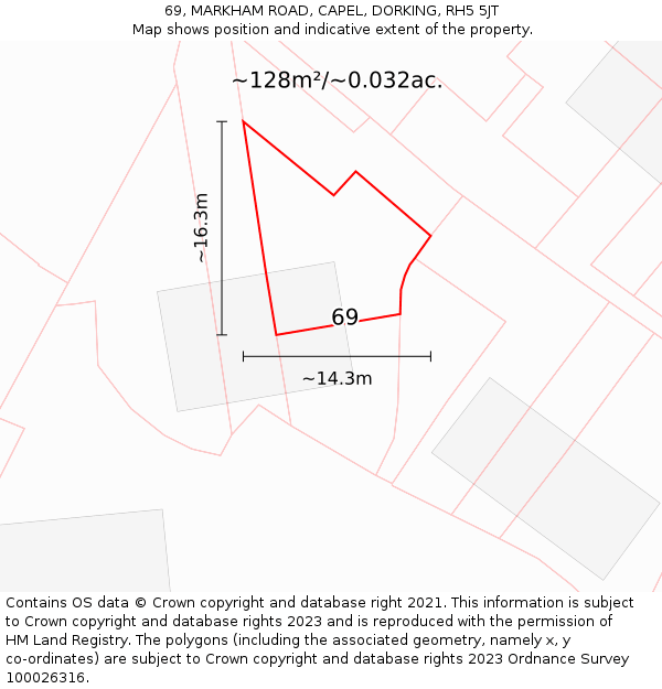 69, MARKHAM ROAD, CAPEL, DORKING, RH5 5JT: Plot and title map