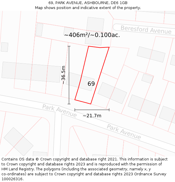 69, PARK AVENUE, ASHBOURNE, DE6 1GB: Plot and title map