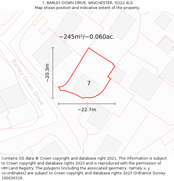7, BARLEY DOWN DRIVE, WINCHESTER, SO22 4LS: Plot and title map