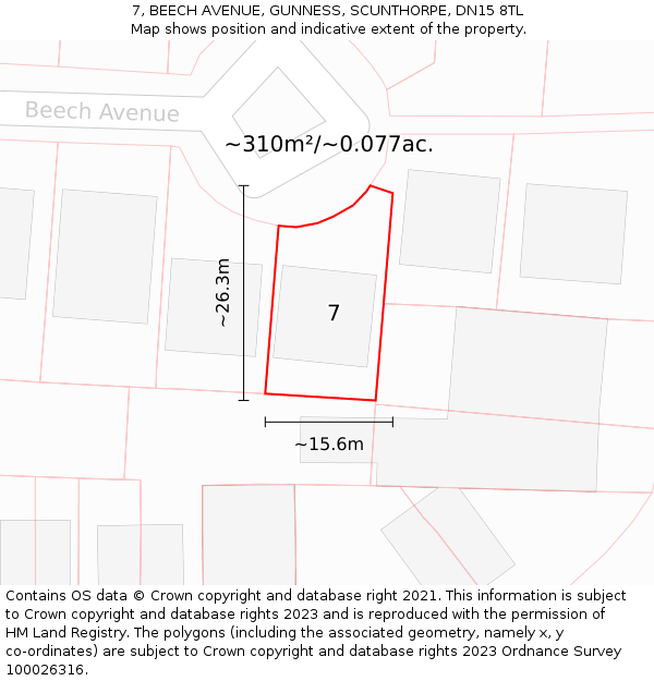7, BEECH AVENUE, GUNNESS, SCUNTHORPE, DN15 8TL: Plot and title map
