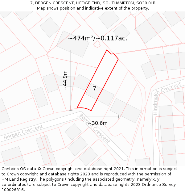 7, BERGEN CRESCENT, HEDGE END, SOUTHAMPTON, SO30 0LR: Plot and title map