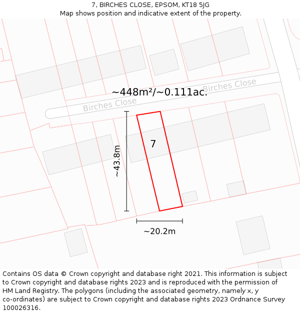 7, BIRCHES CLOSE, EPSOM, KT18 5JG: Plot and title map