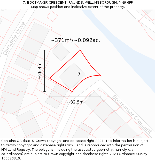 7, BOOTMAKER CRESCENT, RAUNDS, WELLINGBOROUGH, NN9 6FF: Plot and title map
