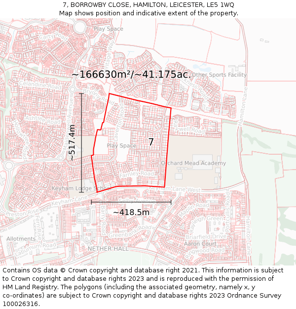 7, BORROWBY CLOSE, HAMILTON, LEICESTER, LE5 1WQ: Plot and title map
