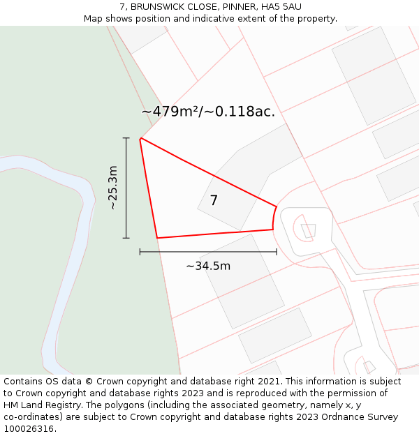 7, BRUNSWICK CLOSE, PINNER, HA5 5AU: Plot and title map