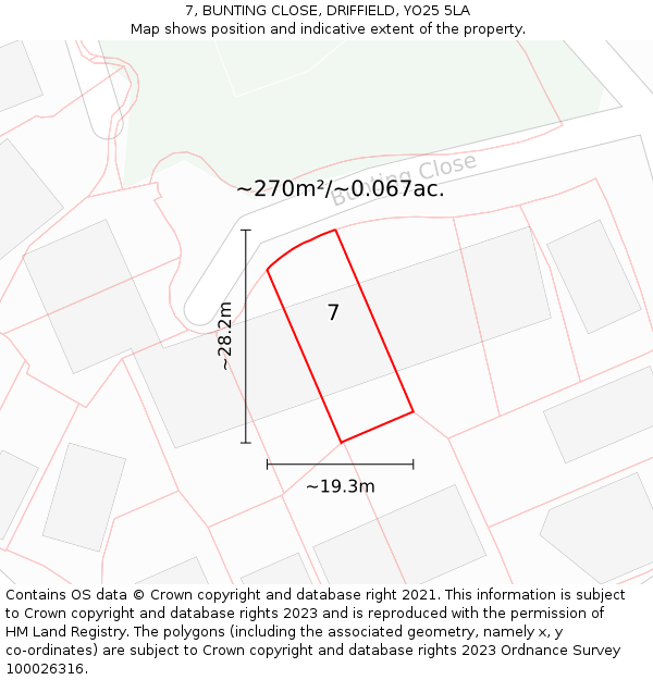 7, BUNTING CLOSE, DRIFFIELD, YO25 5LA: Plot and title map