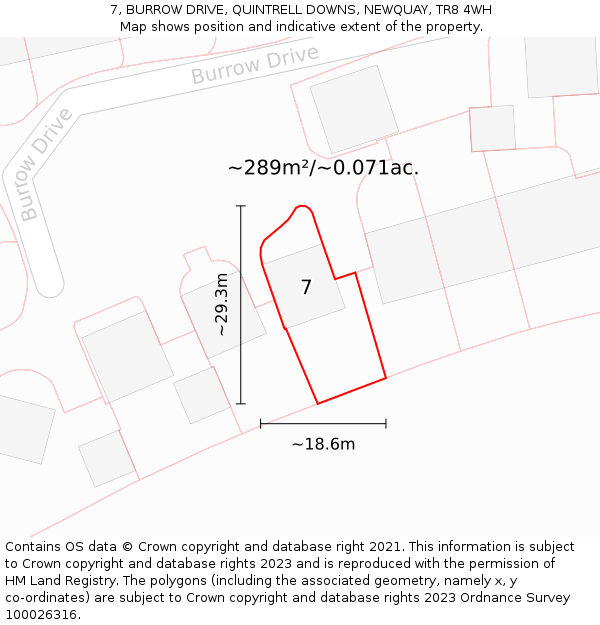 7, BURROW DRIVE, QUINTRELL DOWNS, NEWQUAY, TR8 4WH: Plot and title map
