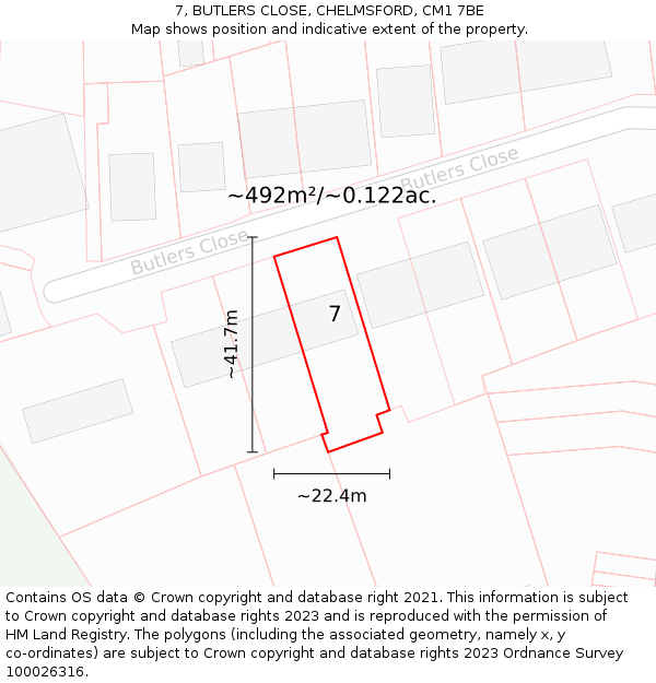 7, BUTLERS CLOSE, CHELMSFORD, CM1 7BE: Plot and title map