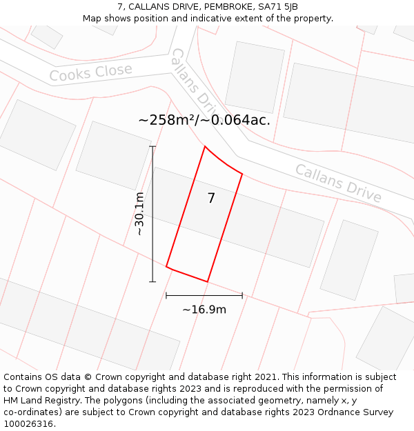 7, CALLANS DRIVE, PEMBROKE, SA71 5JB: Plot and title map