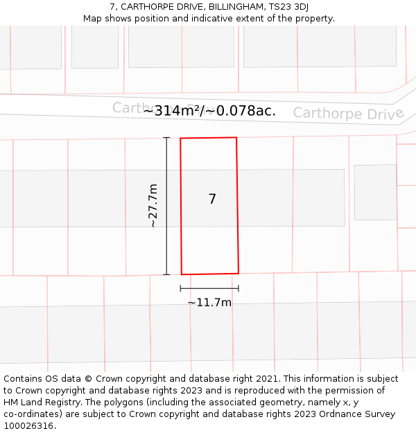 7, CARTHORPE DRIVE, BILLINGHAM, TS23 3DJ: Plot and title map