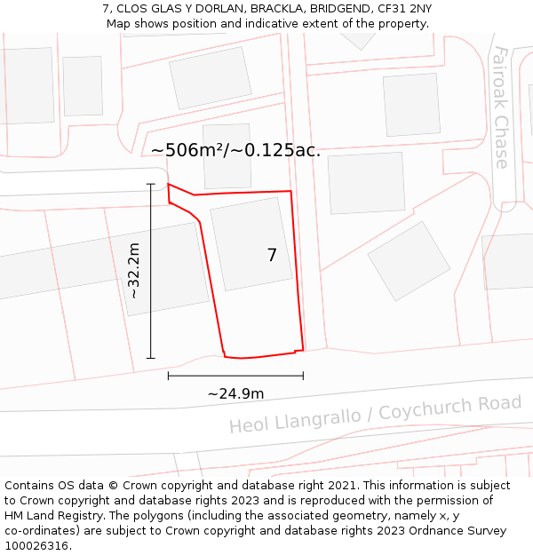7, CLOS GLAS Y DORLAN, BRACKLA, BRIDGEND, CF31 2NY: Plot and title map