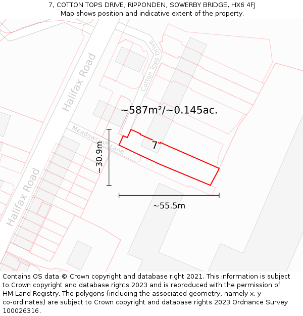 7, COTTON TOPS DRIVE, RIPPONDEN, SOWERBY BRIDGE, HX6 4FJ: Plot and title map