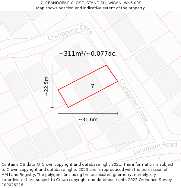 7, CRANBORNE CLOSE, STANDISH, WIGAN, WN6 0RS: Plot and title map