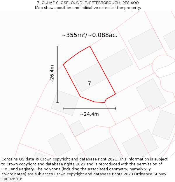 7, CULME CLOSE, OUNDLE, PETERBOROUGH, PE8 4QQ: Plot and title map