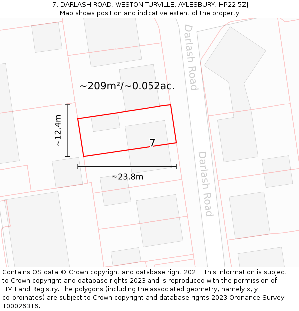 7, DARLASH ROAD, WESTON TURVILLE, AYLESBURY, HP22 5ZJ: Plot and title map
