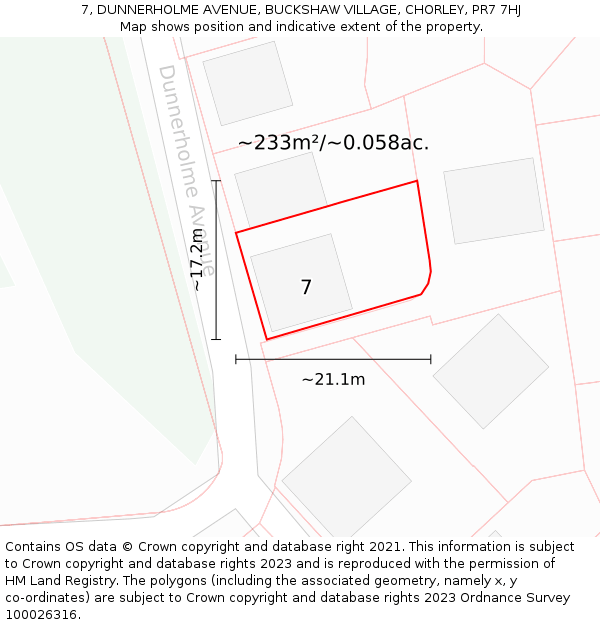 7, DUNNERHOLME AVENUE, BUCKSHAW VILLAGE, CHORLEY, PR7 7HJ: Plot and title map