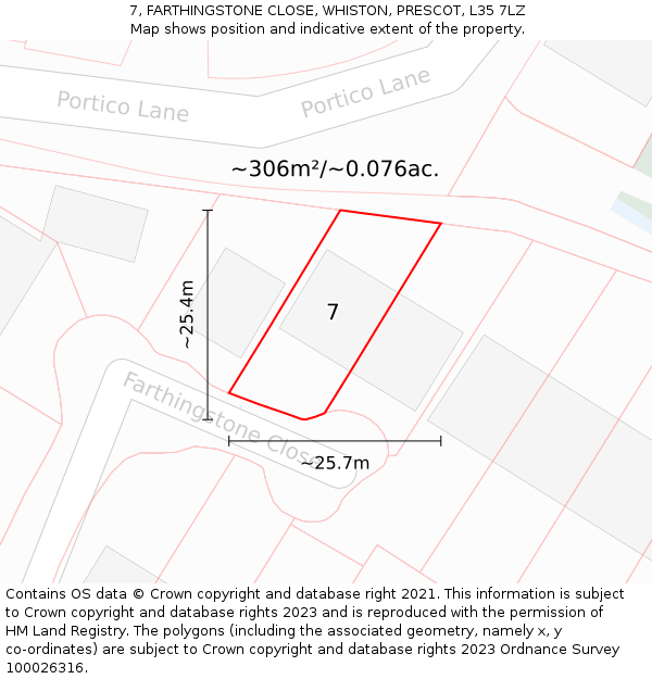 7, FARTHINGSTONE CLOSE, WHISTON, PRESCOT, L35 7LZ: Plot and title map