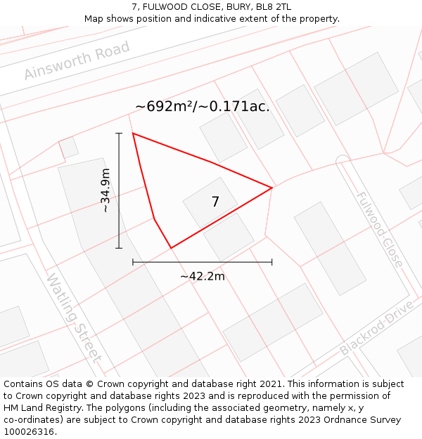 7, FULWOOD CLOSE, BURY, BL8 2TL: Plot and title map