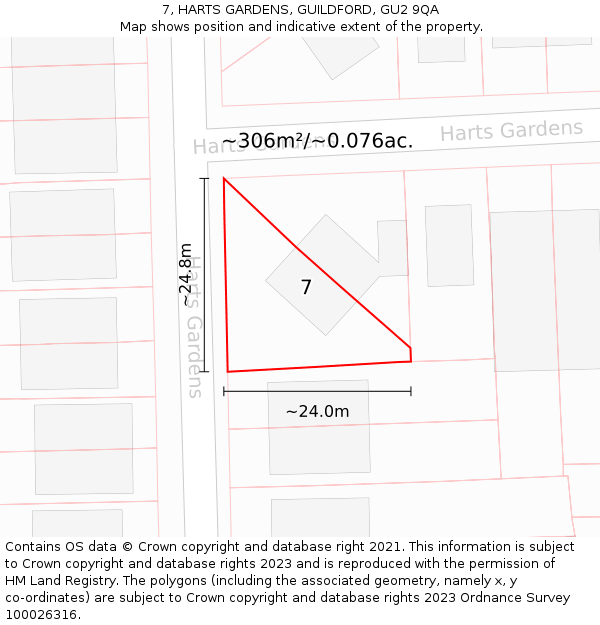 7, HARTS GARDENS, GUILDFORD, GU2 9QA: Plot and title map
