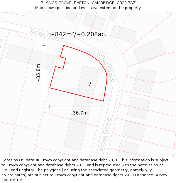 7, KINGS GROVE, BARTON, CAMBRIDGE, CB23 7AZ: Plot and title map