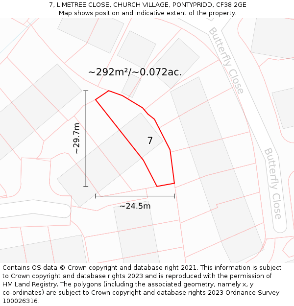 7, LIMETREE CLOSE, CHURCH VILLAGE, PONTYPRIDD, CF38 2GE: Plot and title map