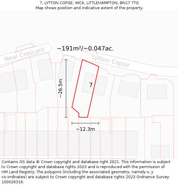 7, LYTTON COPSE, WICK, LITTLEHAMPTON, BN17 7TG: Plot and title map