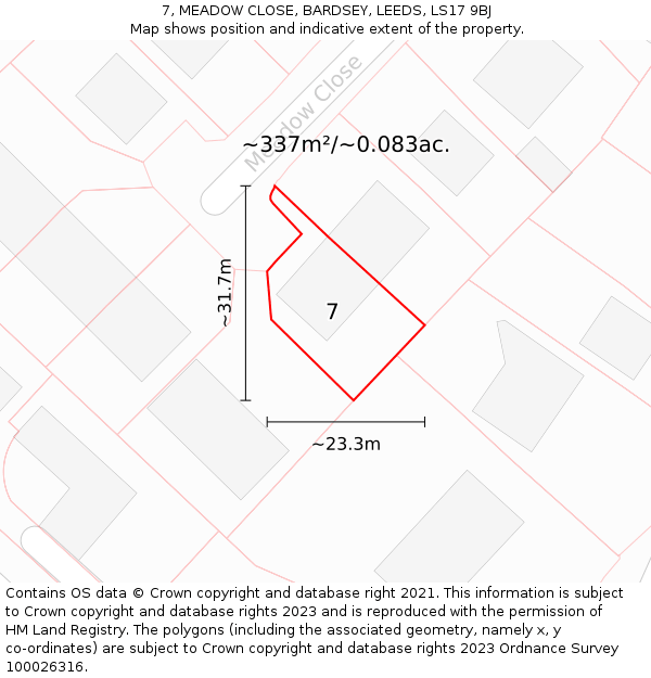 7, MEADOW CLOSE, BARDSEY, LEEDS, LS17 9BJ: Plot and title map