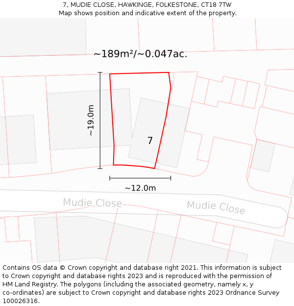 7, MUDIE CLOSE, HAWKINGE, FOLKESTONE, CT18 7TW: Plot and title map