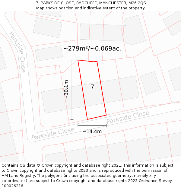 7, PARKSIDE CLOSE, RADCLIFFE, MANCHESTER, M26 2QS: Plot and title map