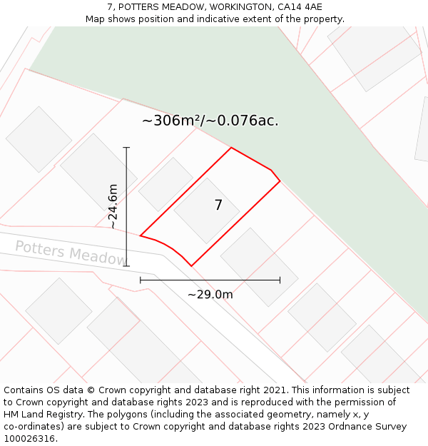 7, POTTERS MEADOW, WORKINGTON, CA14 4AE: Plot and title map