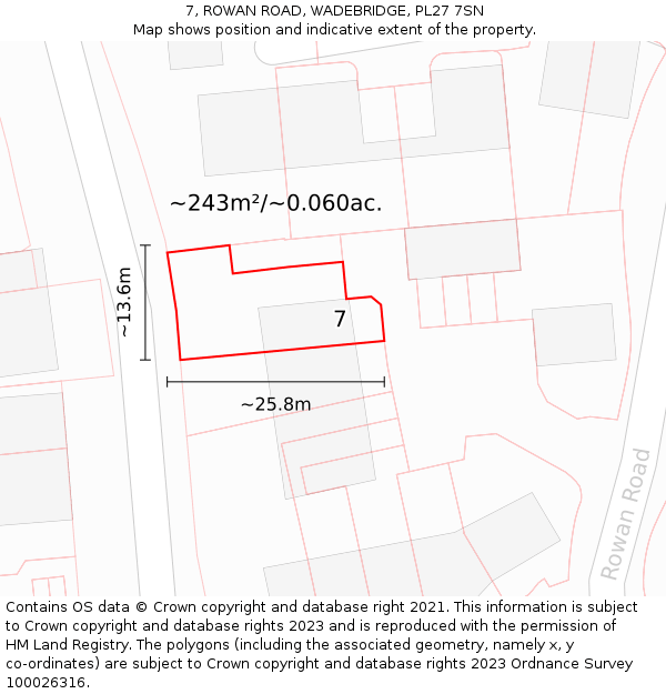 7, ROWAN ROAD, WADEBRIDGE, PL27 7SN: Plot and title map
