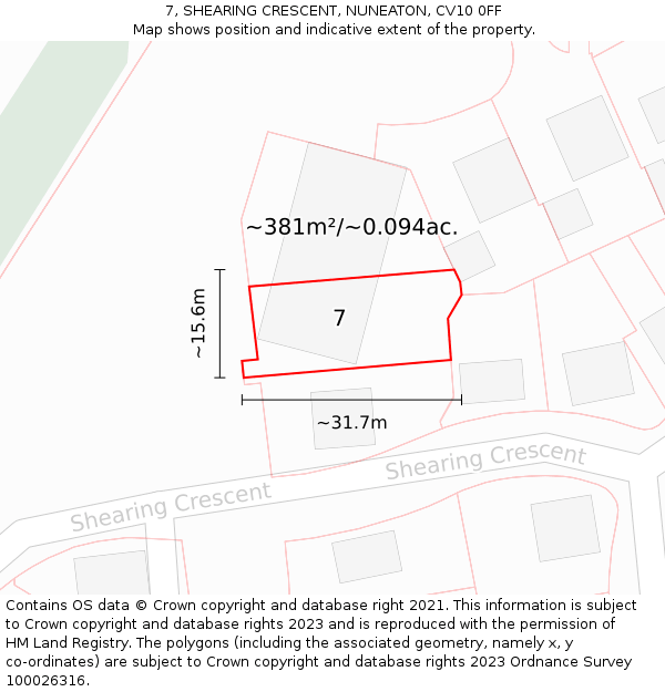 7, SHEARING CRESCENT, NUNEATON, CV10 0FF: Plot and title map