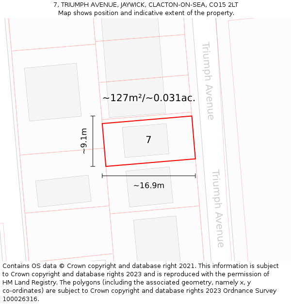7, TRIUMPH AVENUE, JAYWICK, CLACTON-ON-SEA, CO15 2LT: Plot and title map