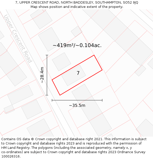 7, UPPER CRESCENT ROAD, NORTH BADDESLEY, SOUTHAMPTON, SO52 9JQ: Plot and title map