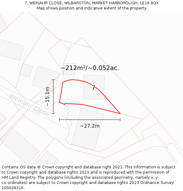 7, WEINAHR CLOSE, WILBARSTON, MARKET HARBOROUGH, LE16 8QX: Plot and title map
