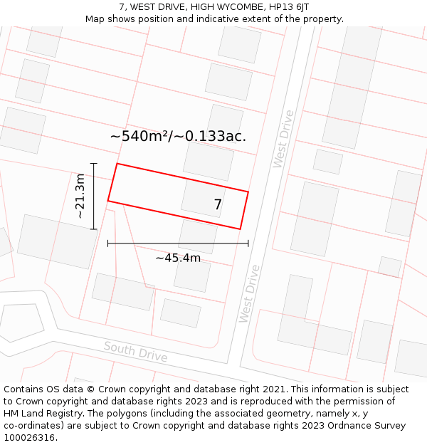 7, WEST DRIVE, HIGH WYCOMBE, HP13 6JT: Plot and title map